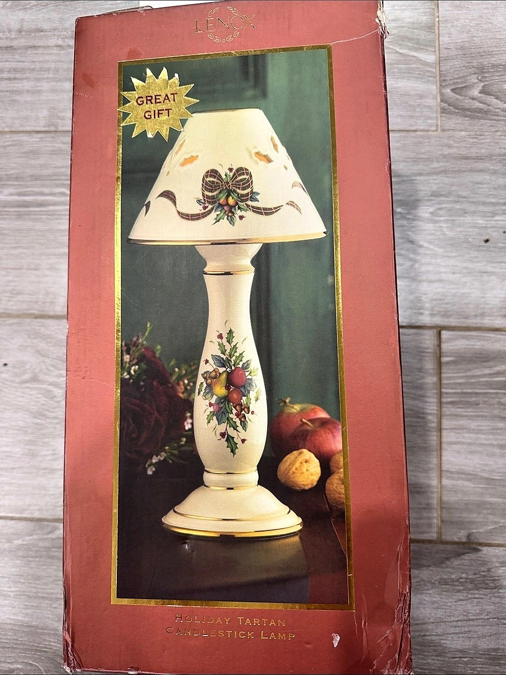 Lenox Holiday Tartan Candlestick Lamp Floral Cream & Red